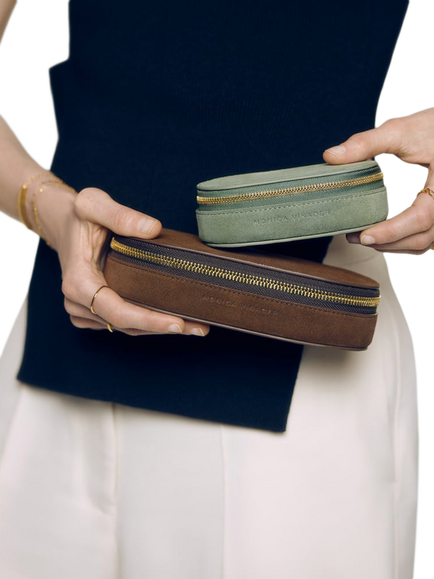Monica Vinader Mini Oval Suede Jewellery Box - view 2, Olive