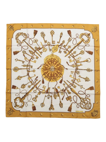Pre-loved Hermès Carré 90 Les Cles Keys Silk Scarf, Gold, Gold