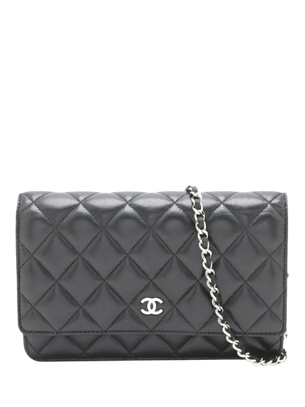 Pre-loved CHANEL 2018 Diamond Quilted Lambskin Wallet On Chain, Black, Black