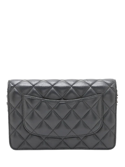 Pre-loved CHANEL 2018 Diamond Quilted Lambskin Wallet On Chain, Black - view 2, Black