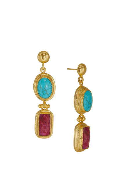 Ottoman Hands Turquoise and Ruby Earrings, Gold, Gold
