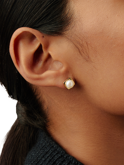 Missoma Square Pearl Statement Stud Earrings, Gold - view 2, Gold