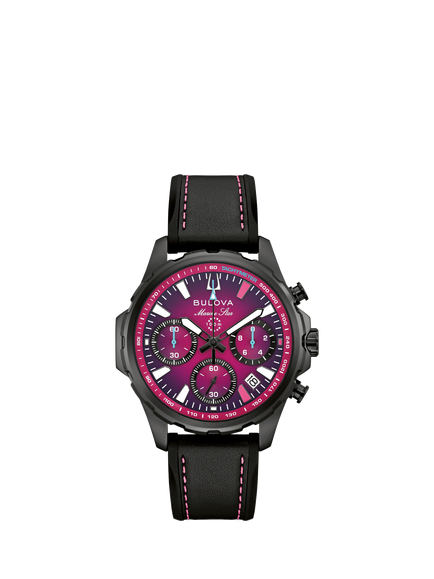 Bulova 98B476 Men's Team Miami E1 Racing Marine Star B Leather Strap Watch, Black, Black
