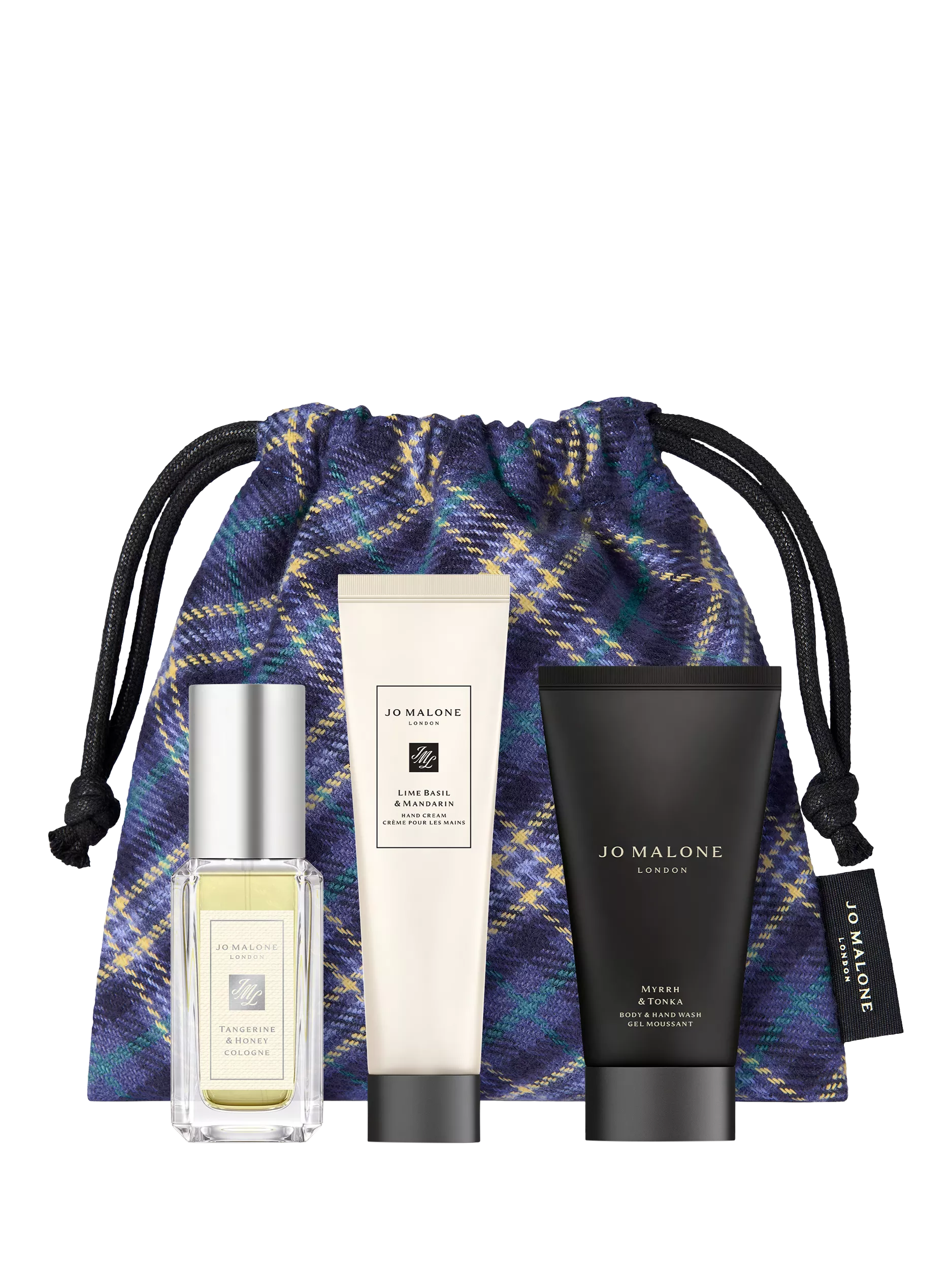 Jo Malone London gift set with cologne, hand cream and body wash, displayed in a blue tartan drawstring bag