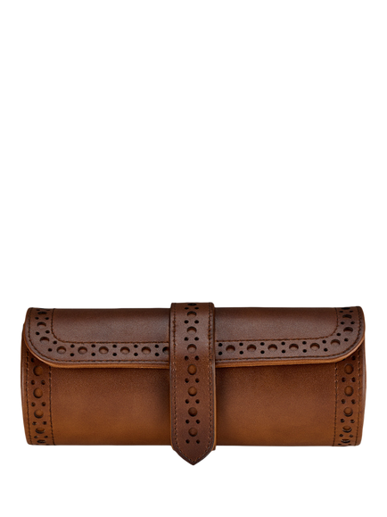 WOLF Brogue Triple Watch Roll, Burnished Brown, Burnished Brown