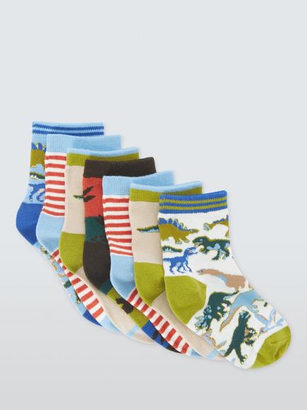 John Lewis Kids' Dinosaur Socks, Pack of 7, Multi, Multi