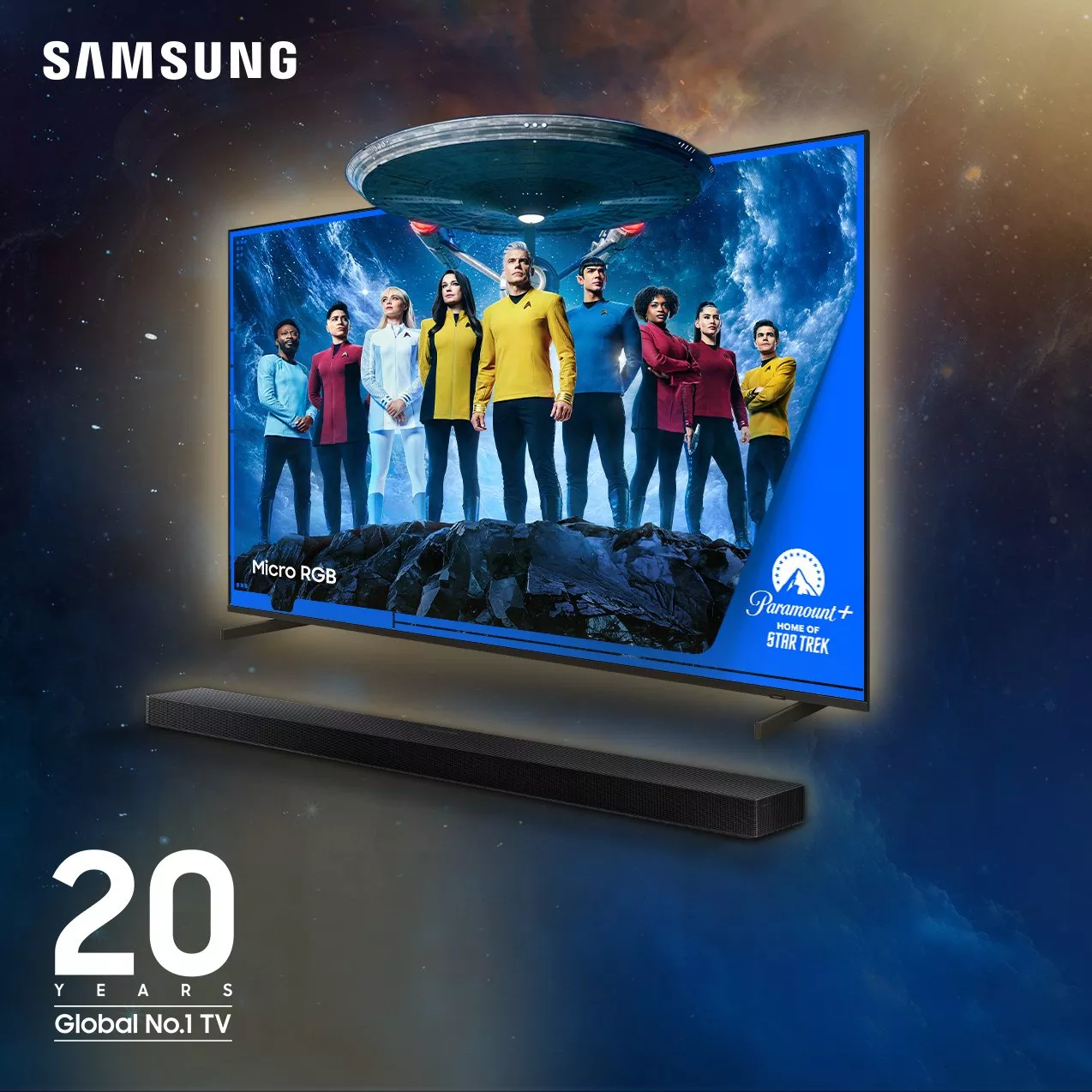 Samsung Micro RGB TV and soundbar set in space, displaying Star Trek crew and the Enterprise. Features Paramount+ logo and "20 Years Global No.1 TV" text.