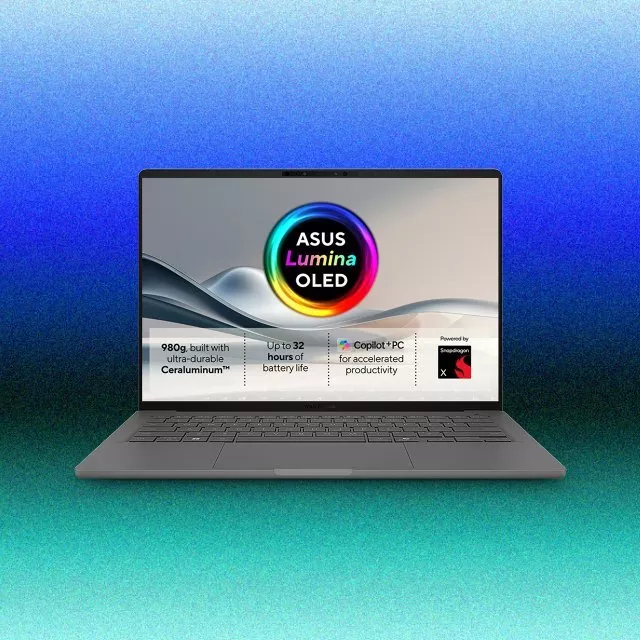 ASUS laptop with Lumina OLED display, slim grey design, product promo on blue gradient background