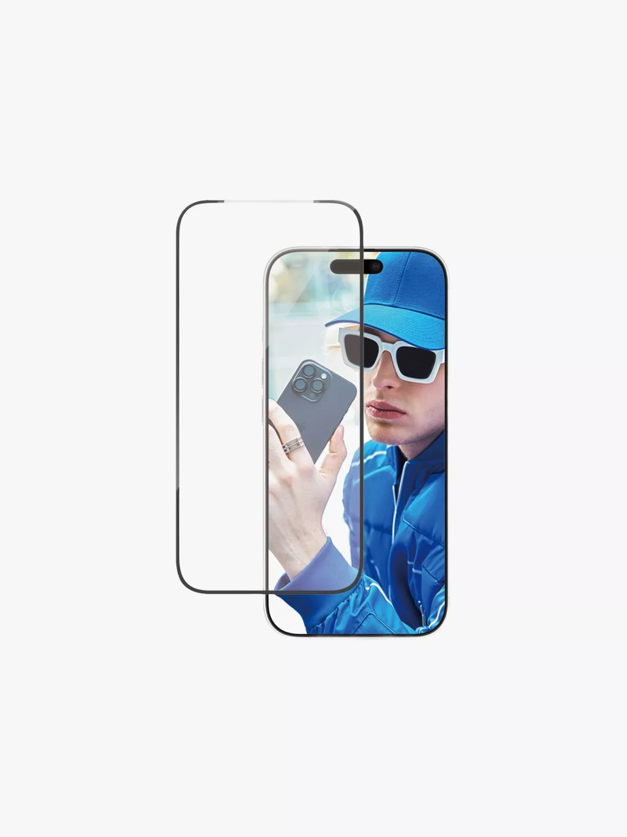 Tempered glass screen protector aligned over smartphone display, showing clear, edge-to-edge protection layer