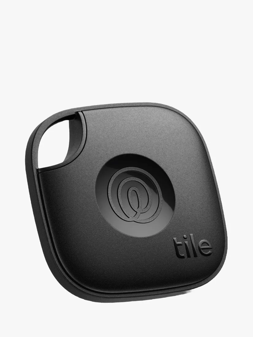Black Tile key finder Bluetooth tracker tag with keyring hole, close-up product photo on white background