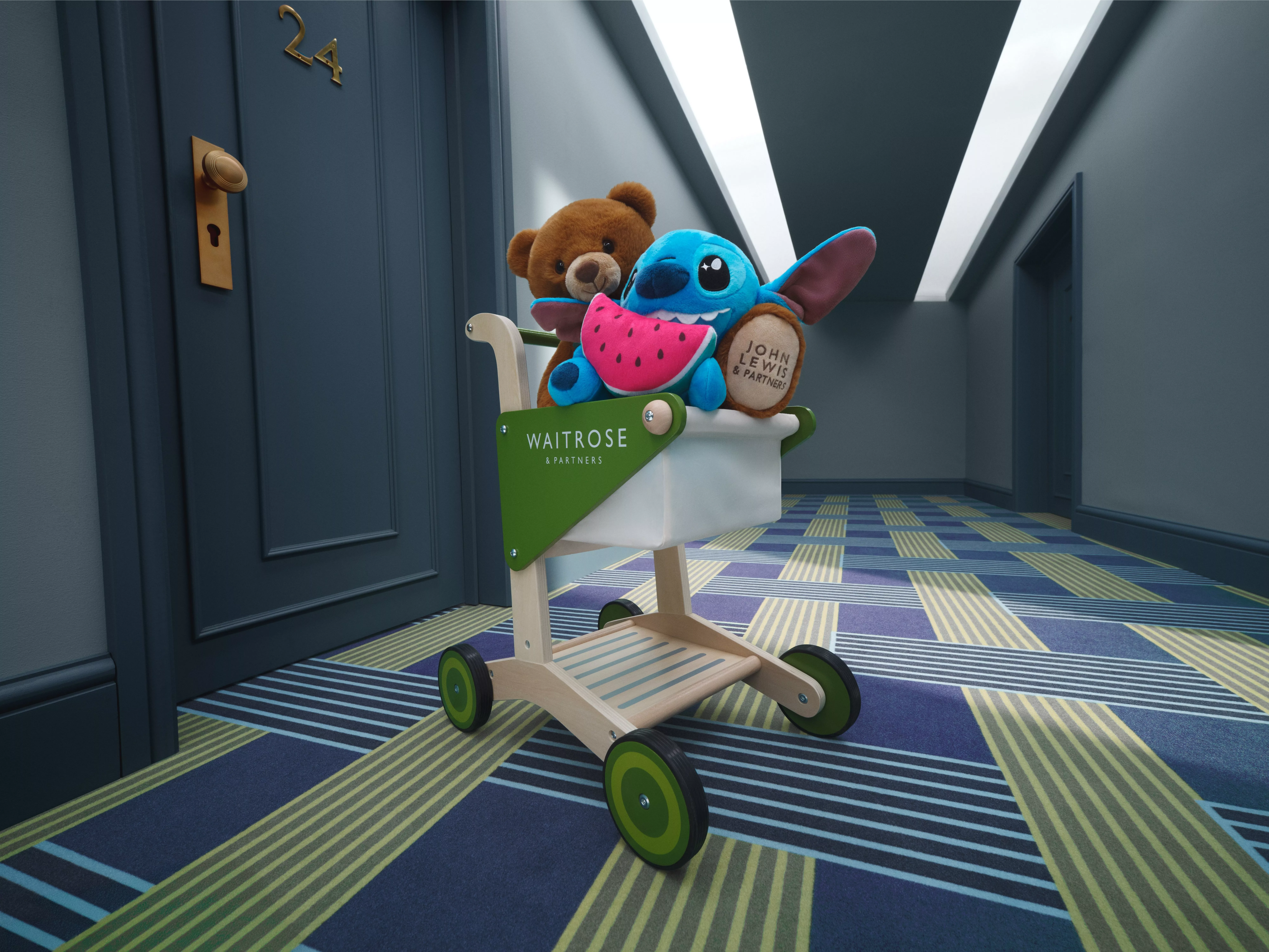 A children's Waitrose trolley filled with soft toys