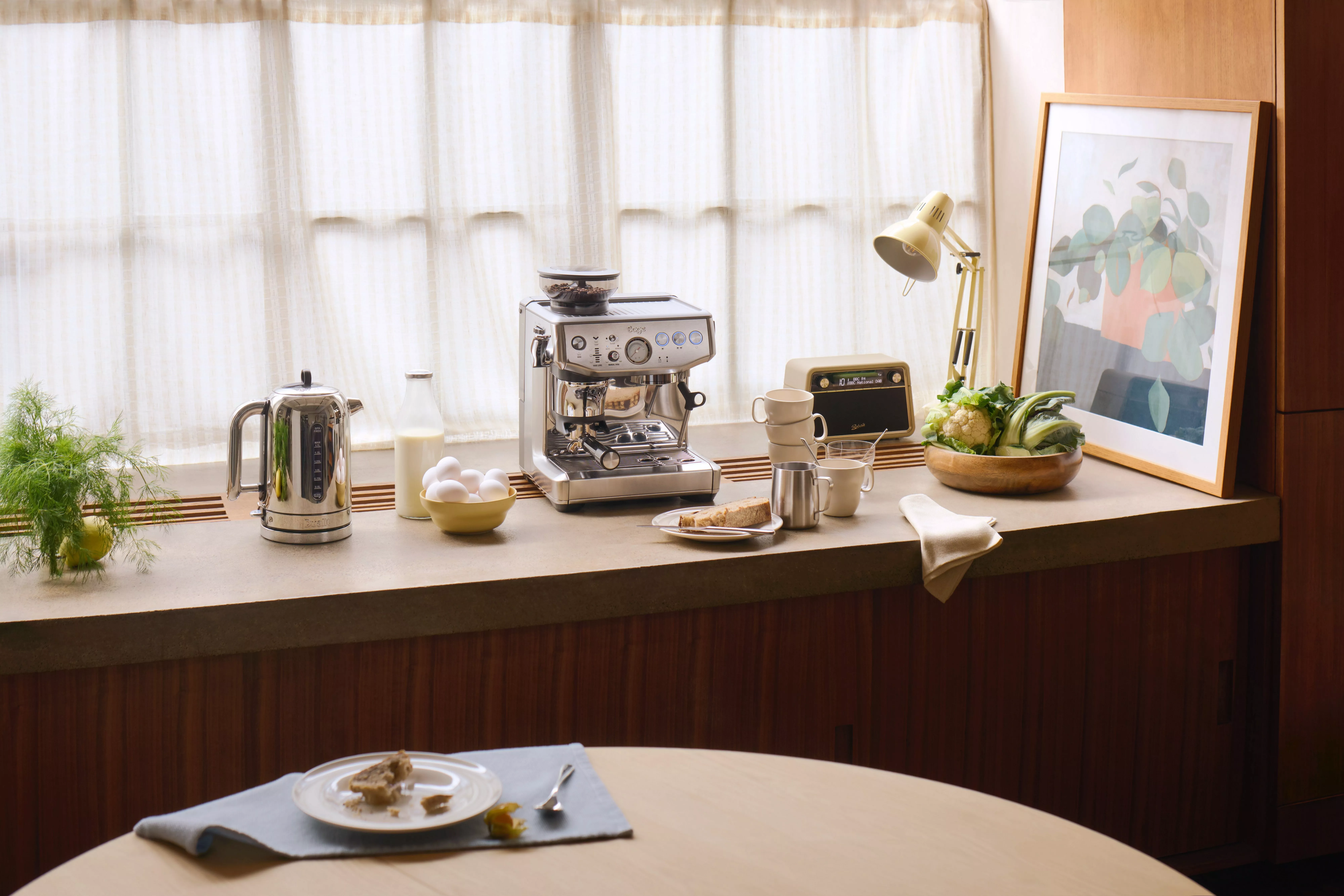 Sunlit kitchen countertop with espresso machine, kettle, mugs, eggs, radio, and fresh vegetables by window