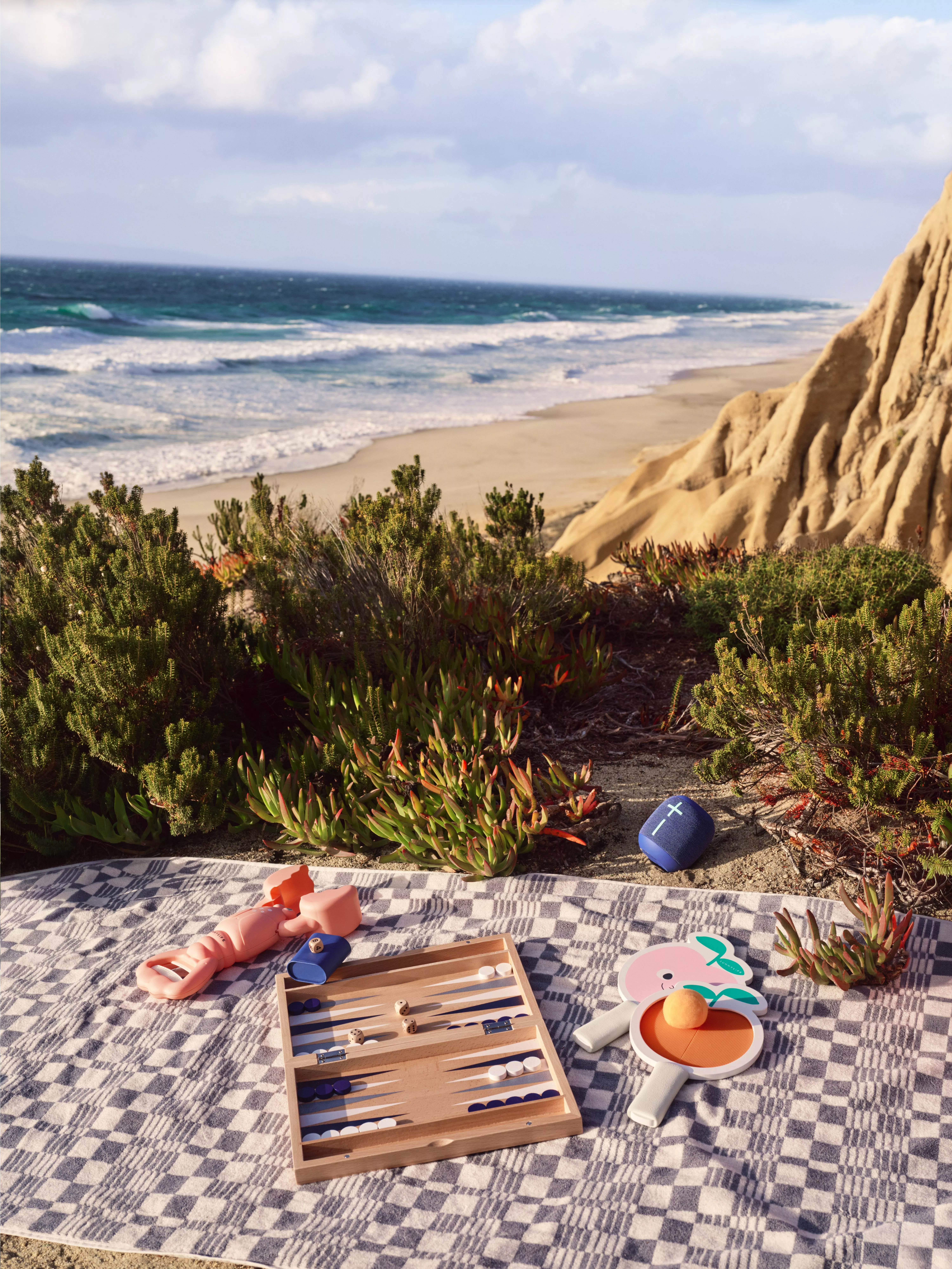 Beach picnic blanket with backgammon set, paddle ball and toy dumbbells overlooking ocean and sand dunes