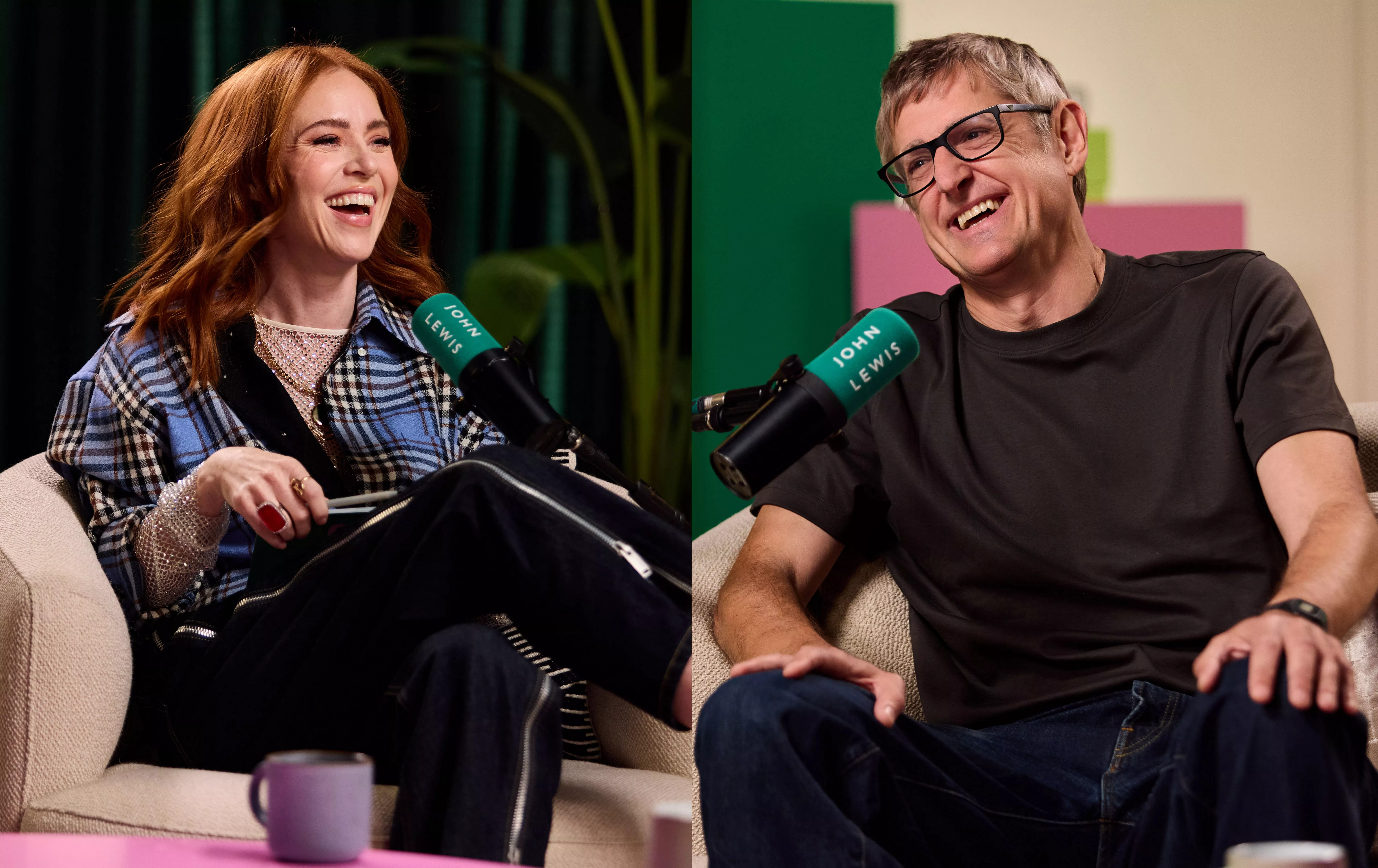 Angela Scanlon and Louis Theroux laughing on sofa with John Lewis microphones in colourful studio interview setting.