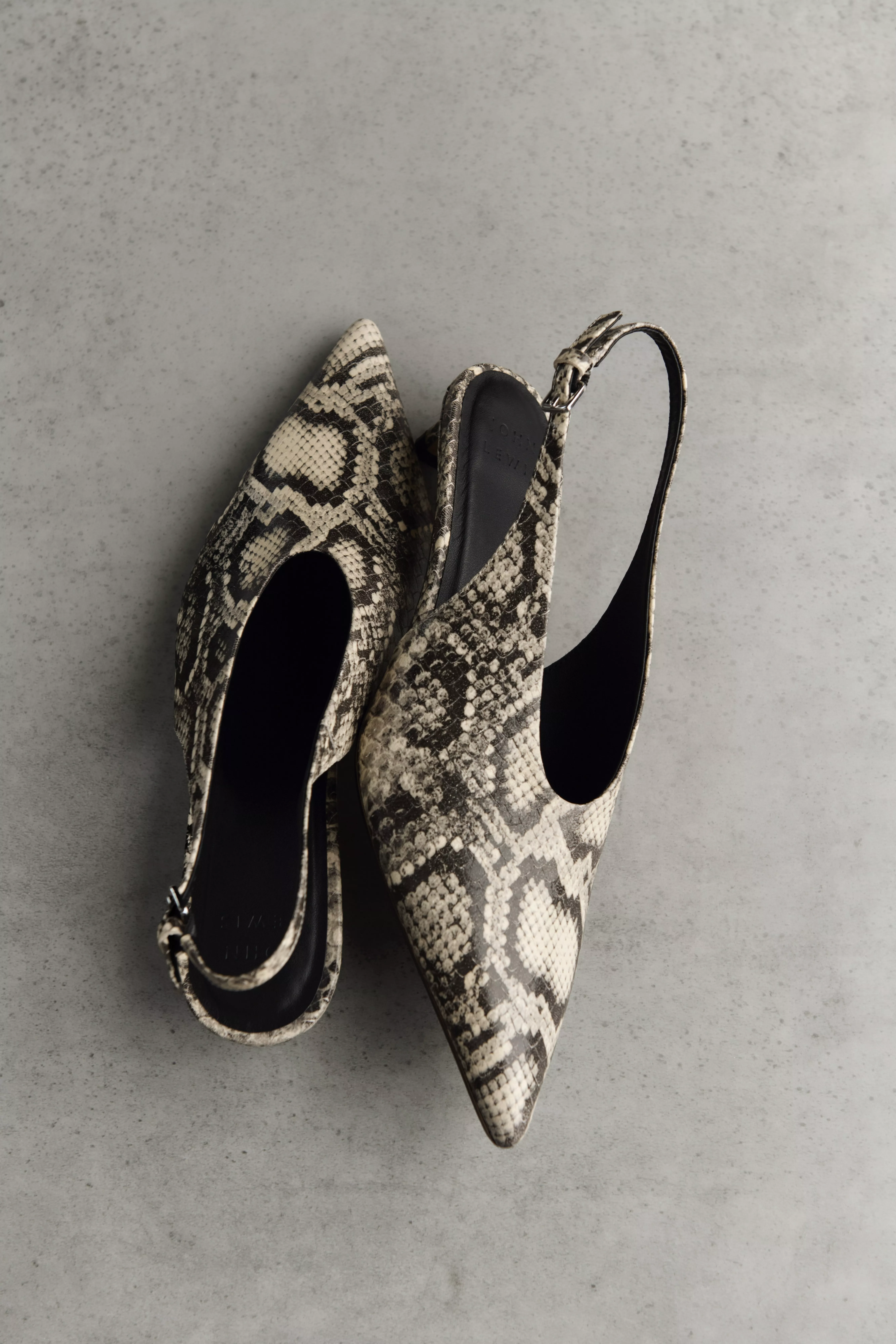 Pair of snakeskin print slingback heels with pointed toes, photographed on a grey concrete background