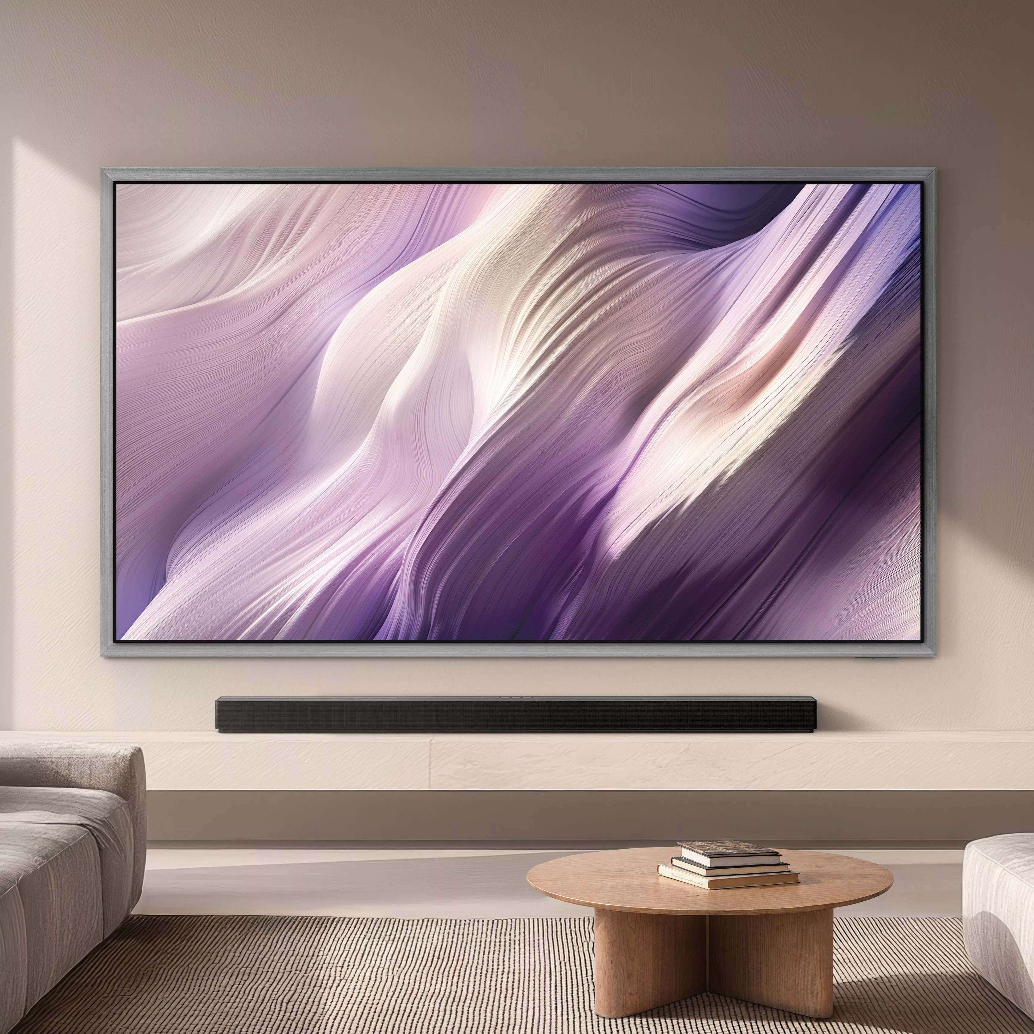 Wall-mounted flat-screen TV showing abstract purple wave wallpaper above a soundbar in a modern living room.