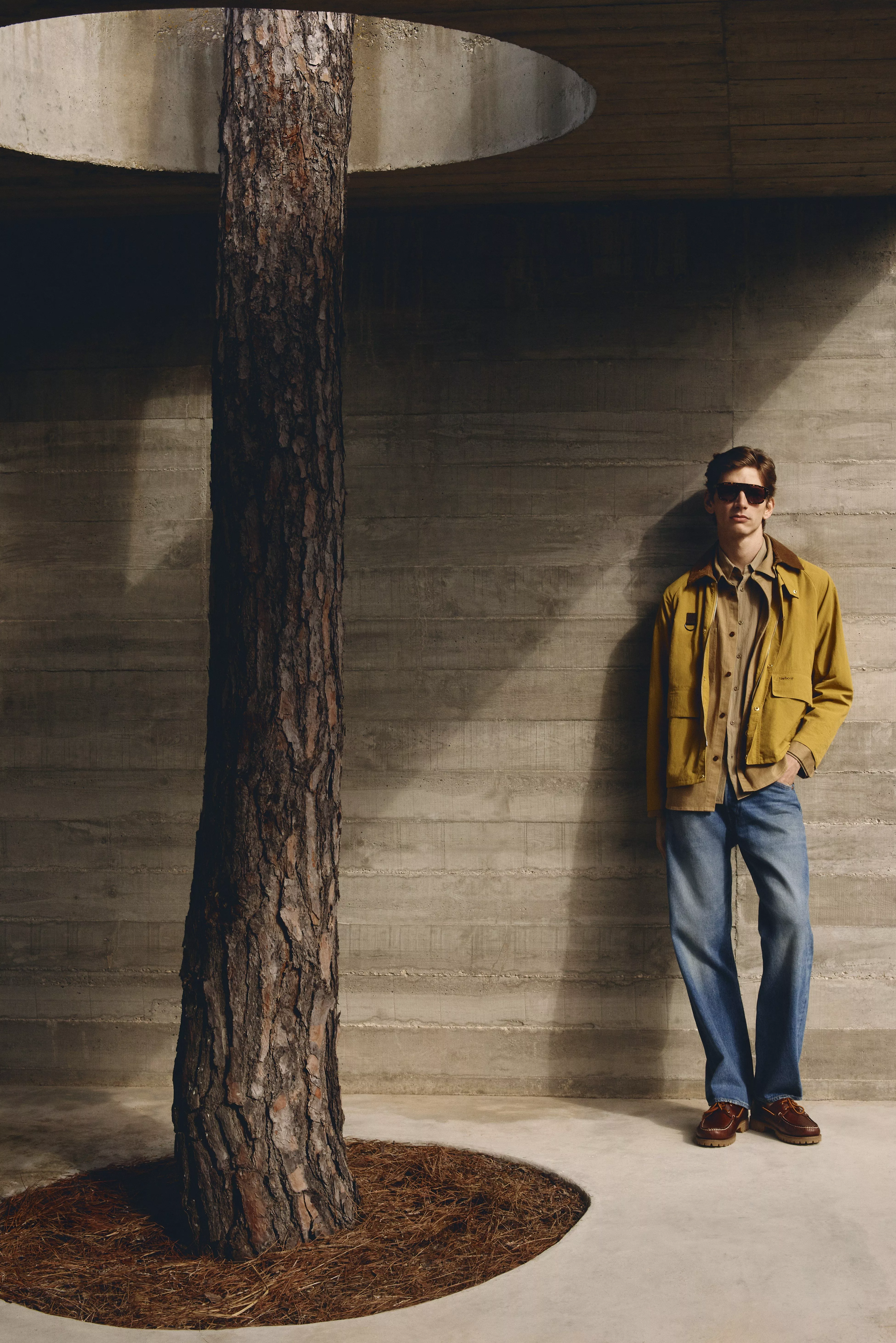 A person in a yellow jacket and jeans leans against a concrete wall, next to a tree emerging through the floor.