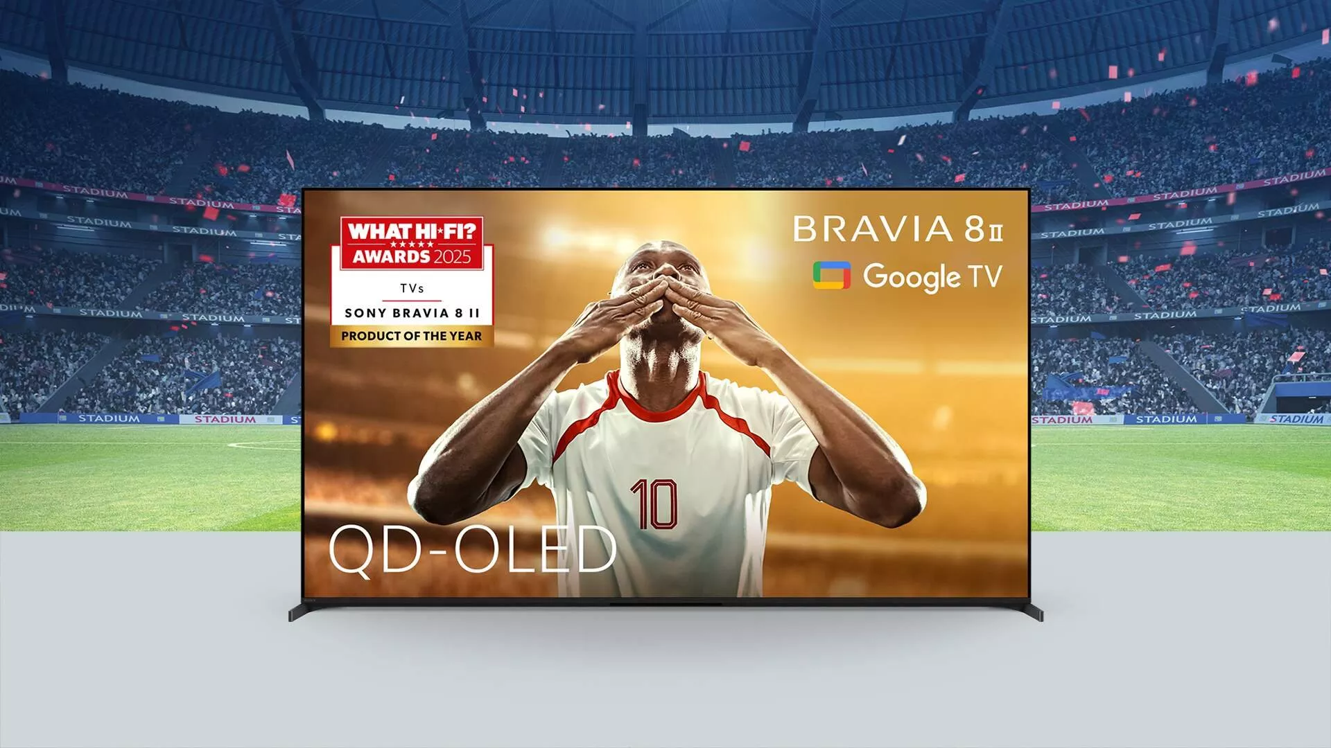 Sony BRAVIA 8 II QD-OLED Google TV showing footballer in stadium, What Hi-Fi? Awards 2025 Product of the Year