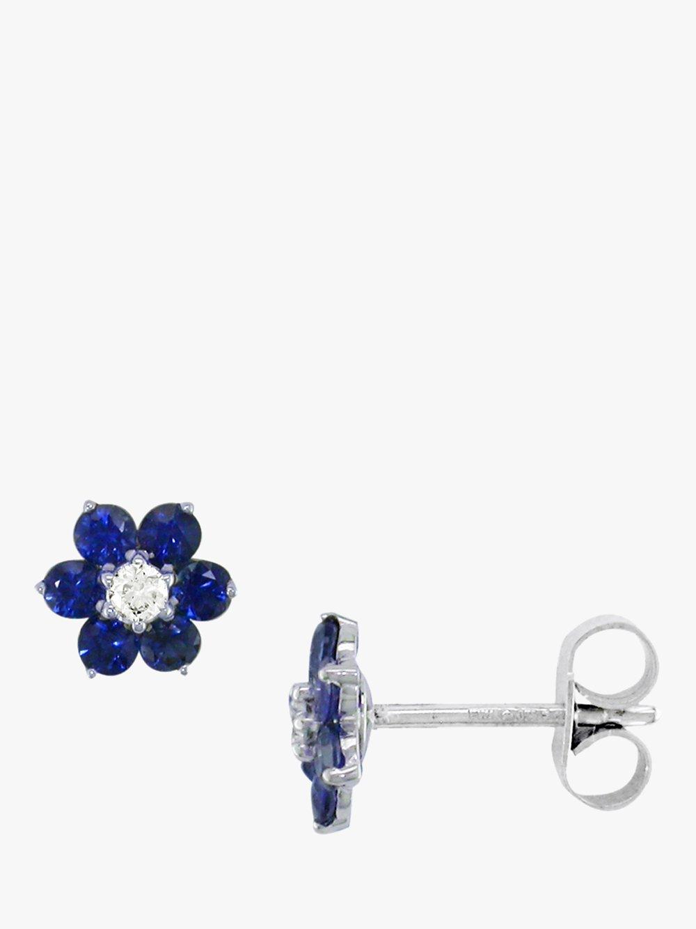 Product image 1 of 3, which shows E.W Adams 18ct White Gold Diamond and Blue Sapphire Flower Stud Earrings