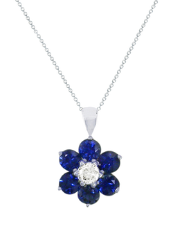 E.W Adams 18ct White Gold Diamond and Blue Sapphire Flower Pendant Necklace, 