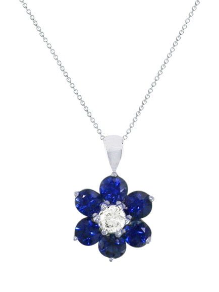 E.W Adams 18ct White Gold Diamond and Blue Sapphire Flower Pendant Necklace, 
