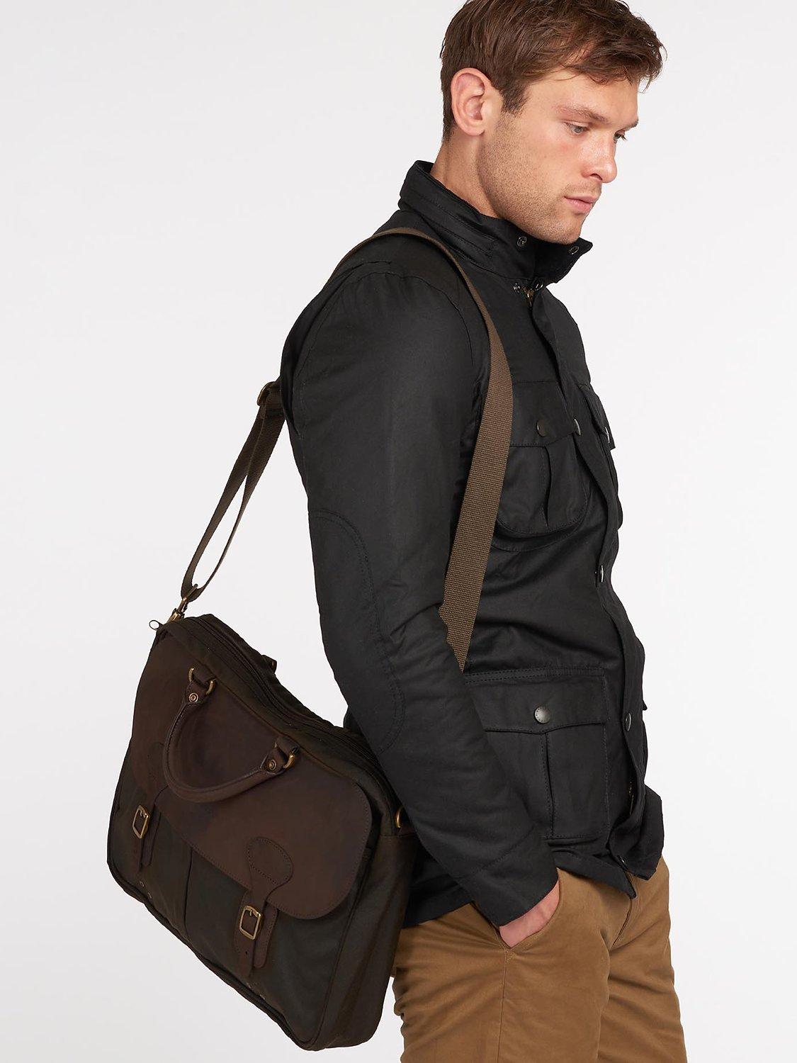 Product image 2 of 5, which shows Barbour Wax Cotton and Leather Trim Satchel, Olive