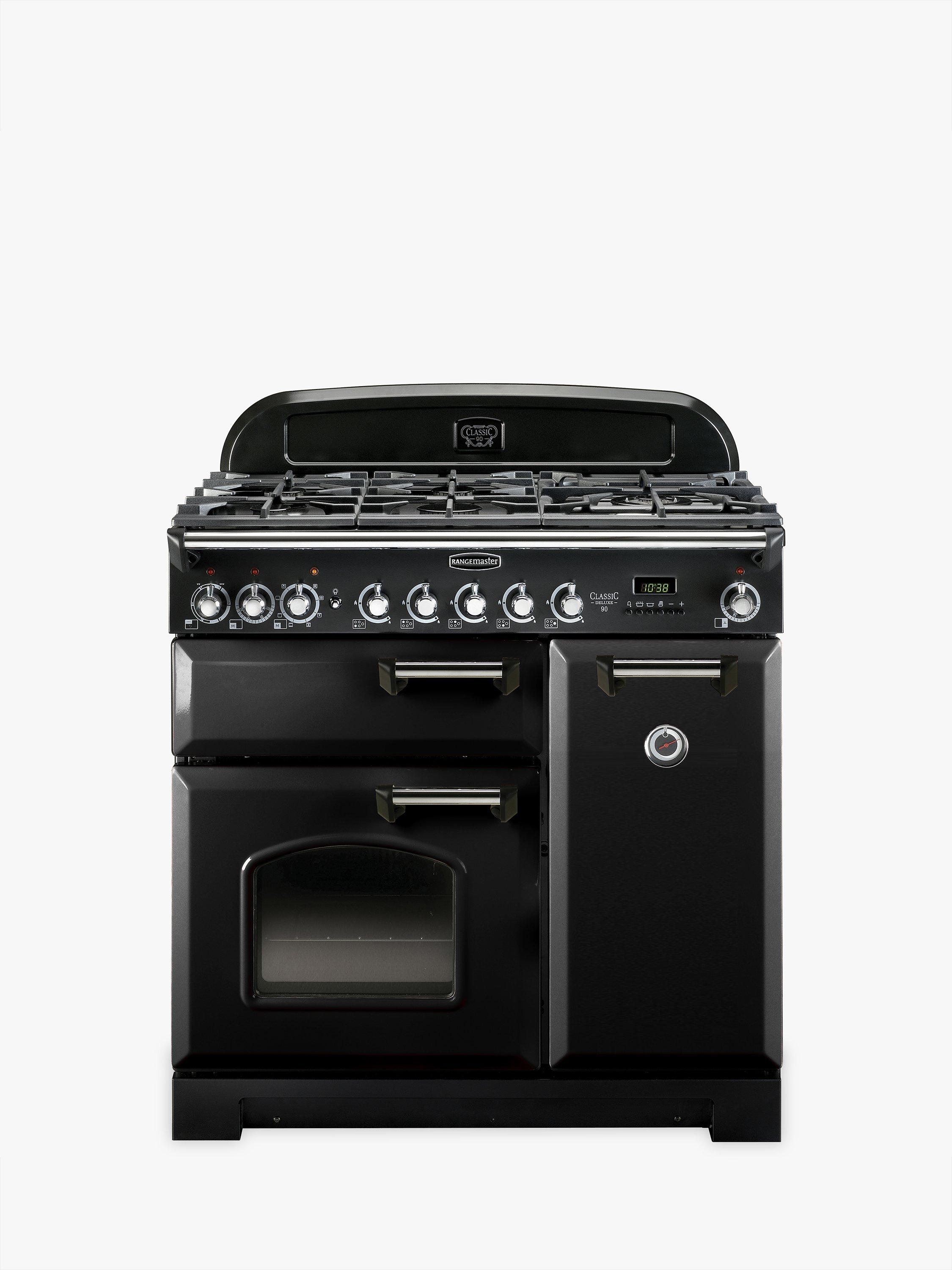 Rangemaster Classic Deluxe 90 Dual Fuel Range Cooker, Black/Chrome Trim