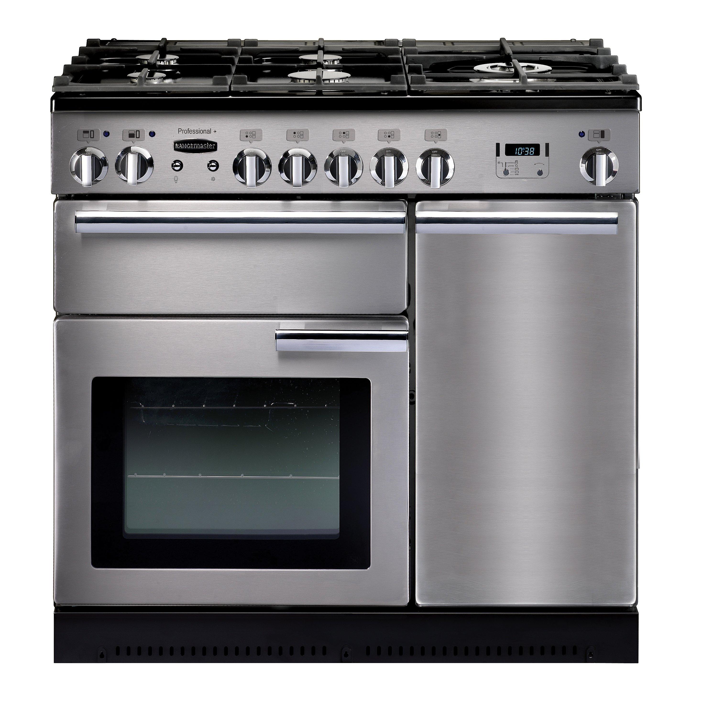 Rangemaster Professional+ 90 Dual Fuel Range Cooker, Stainless Steel/Chrome Trim