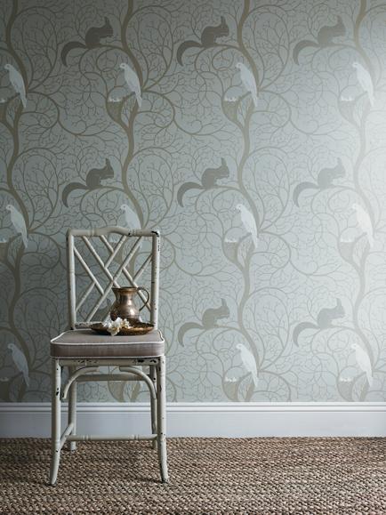 Sanderson Squirrel & Dove Wallpaper - view 2, Linen / Ivory, DVIWSQ101