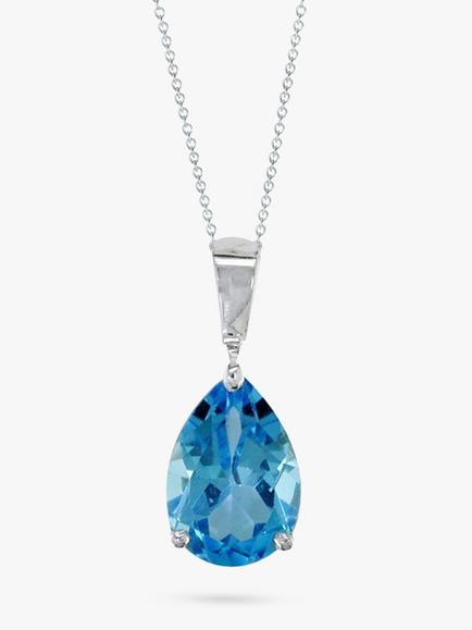 E.W Adams 9ct White Gold Chain and Pear Shaped Topaz Pendant Necklace, Blue, 