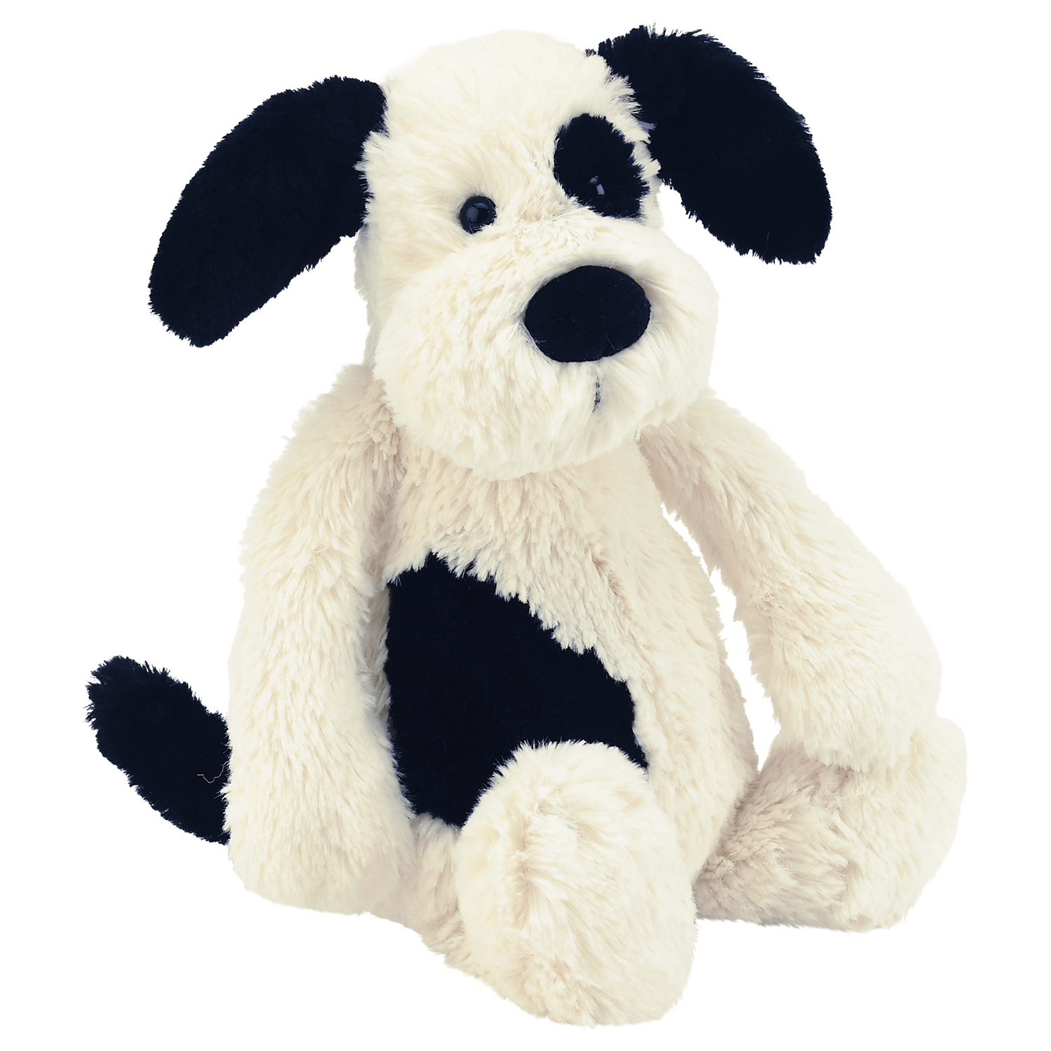 a Jellycat Bashful Puppy Soft Toy, Medium, Black/Cream on a grey background
