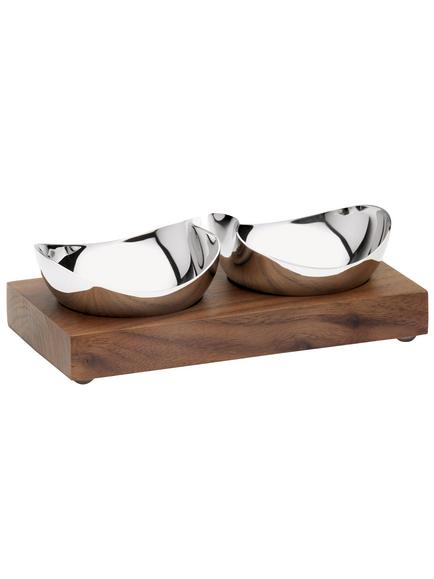 Robert Welch Drift Pinch Pot Bowls with Walnut Stand, Set of 2, Silver
