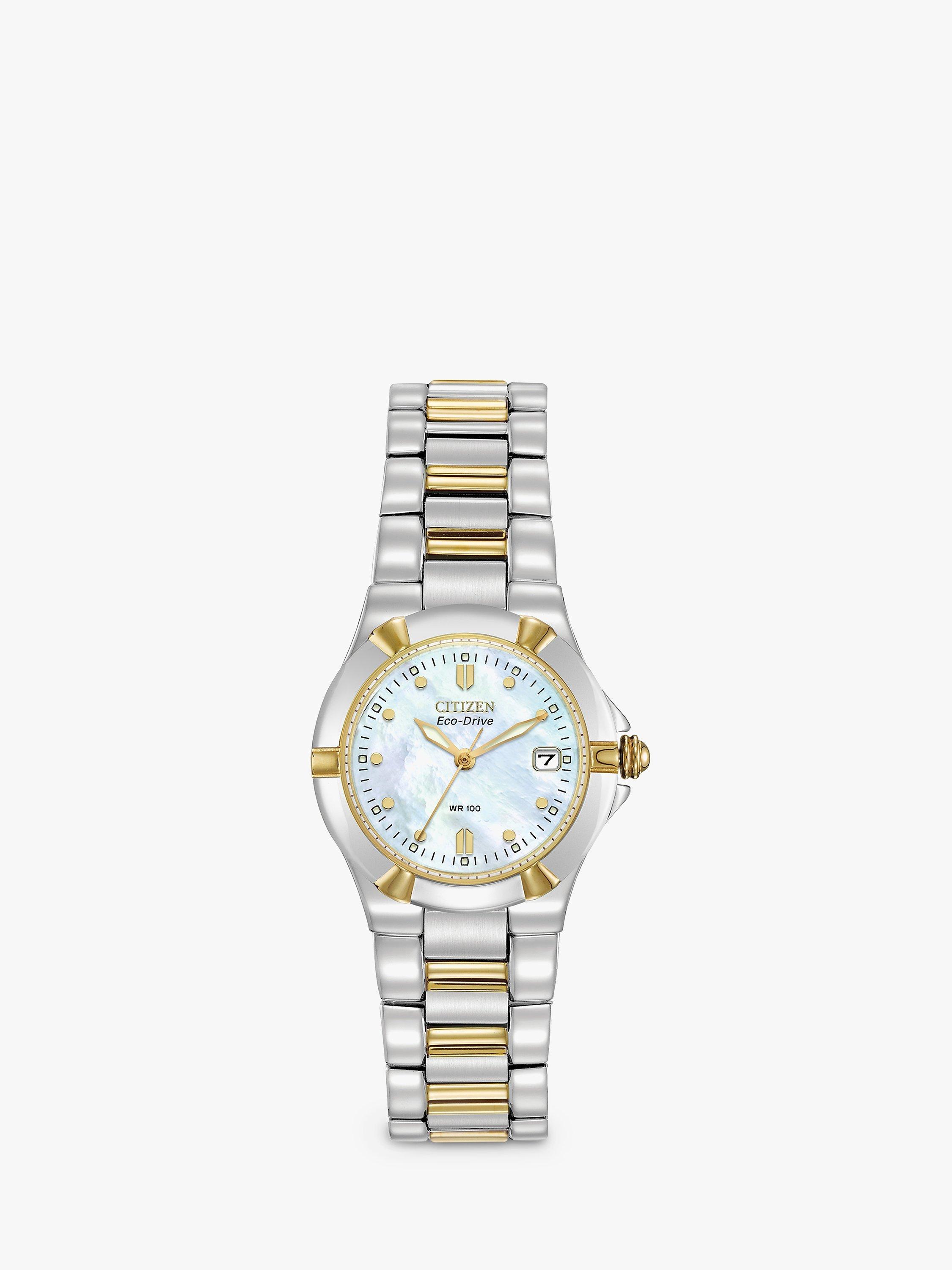 Citizen EW1534 57D Women s Eco Drive Mother of Pearl Two Tone Bracelet Strap Watch Silver Gold