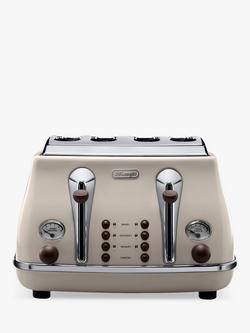De'Longhi CTOV4003BG Vintage Icona Toaster, 4-Slice, Cream, Cream