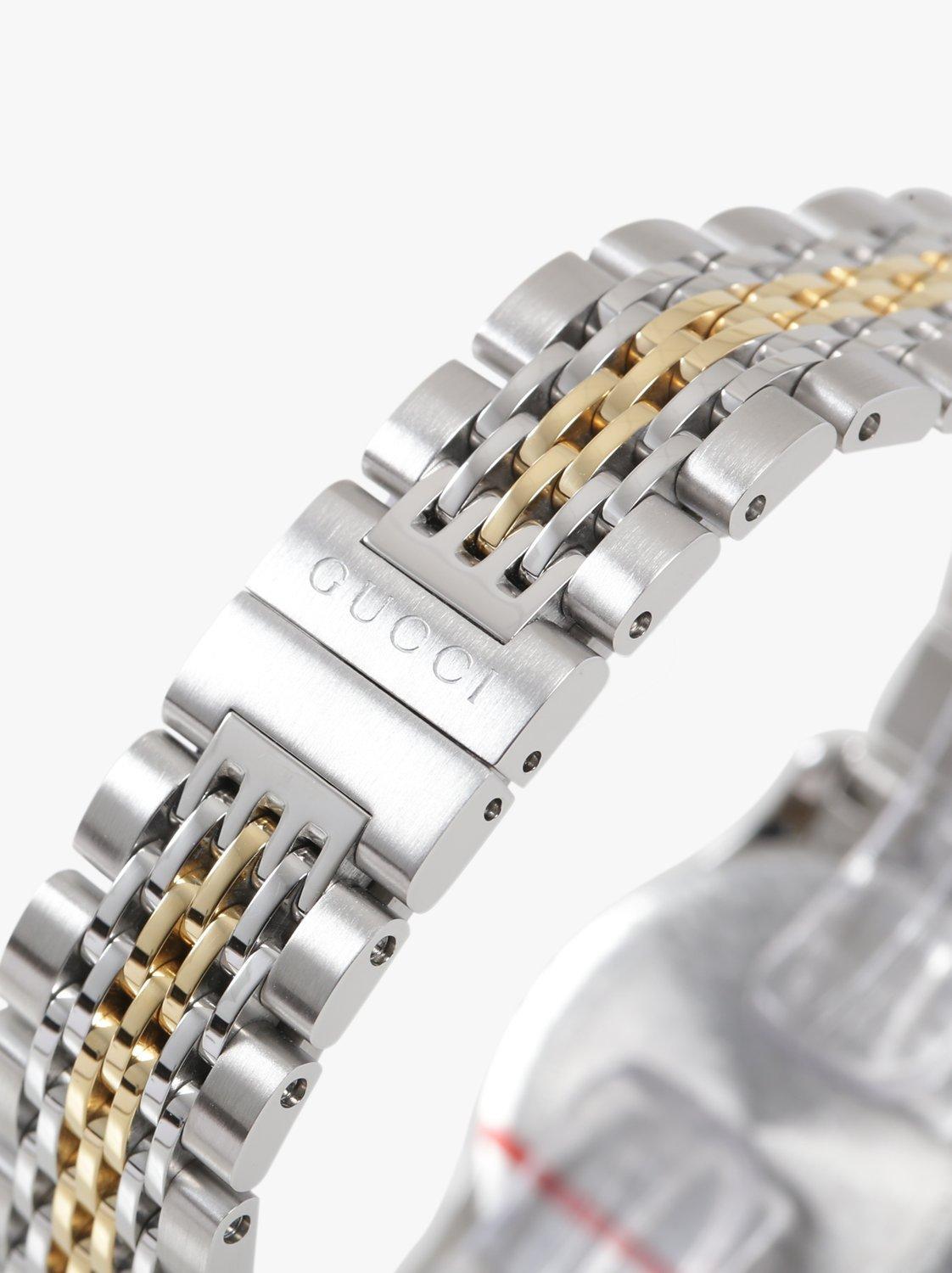 Gucci YA126513 Women s G Timeless Mother of Pearl Diamond Two Tone Bracelet Strap Watch Silver Gold