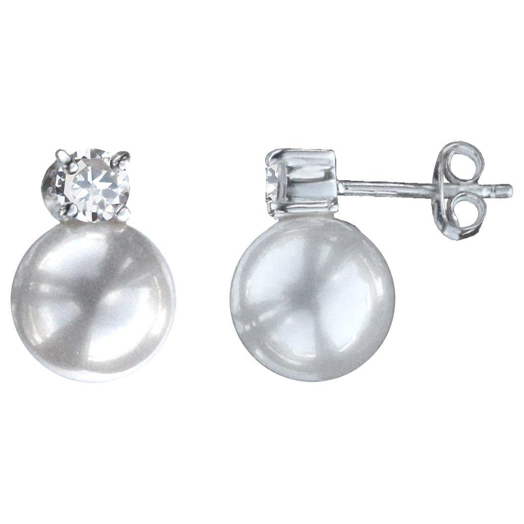 Product image 1 of 2, which shows Nina B Cubic Zirconia and Simulated Pearl Stud Earrings, Silver/White