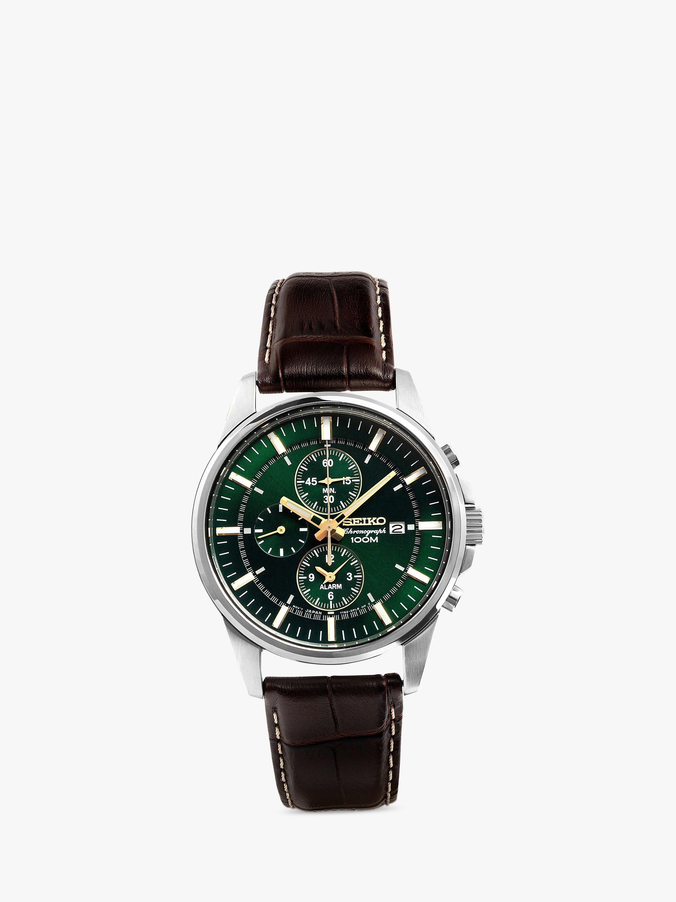 Seiko SNAF09P1 Men s Chronograph Leather Strap Watch Brown Green