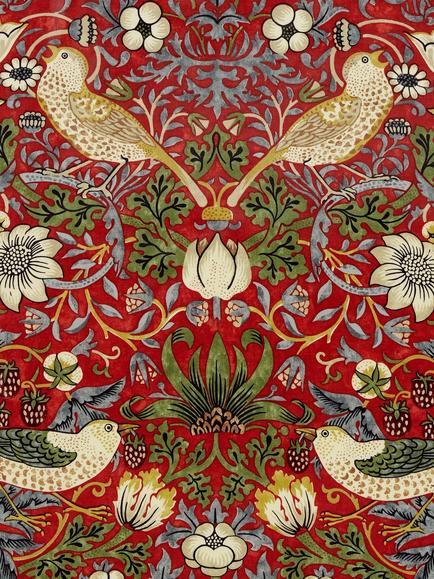 Morris & Co. Strawberry Thief Oilcloth Tablecloth Fabric - view 2, Crimson