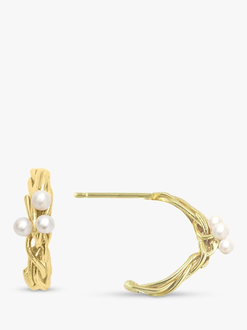Product image 1 of 3, which shows London Road Burlington Willow 9ct Gold Pearl Willow Hoop Earrings