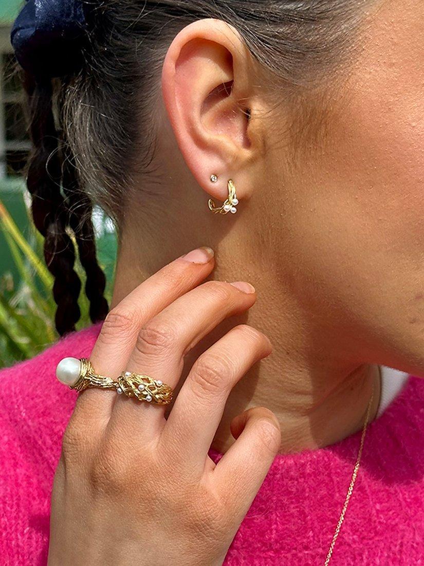 Product image 2 of 3, which shows London Road Burlington Willow 9ct Gold Pearl Willow Hoop Earrings