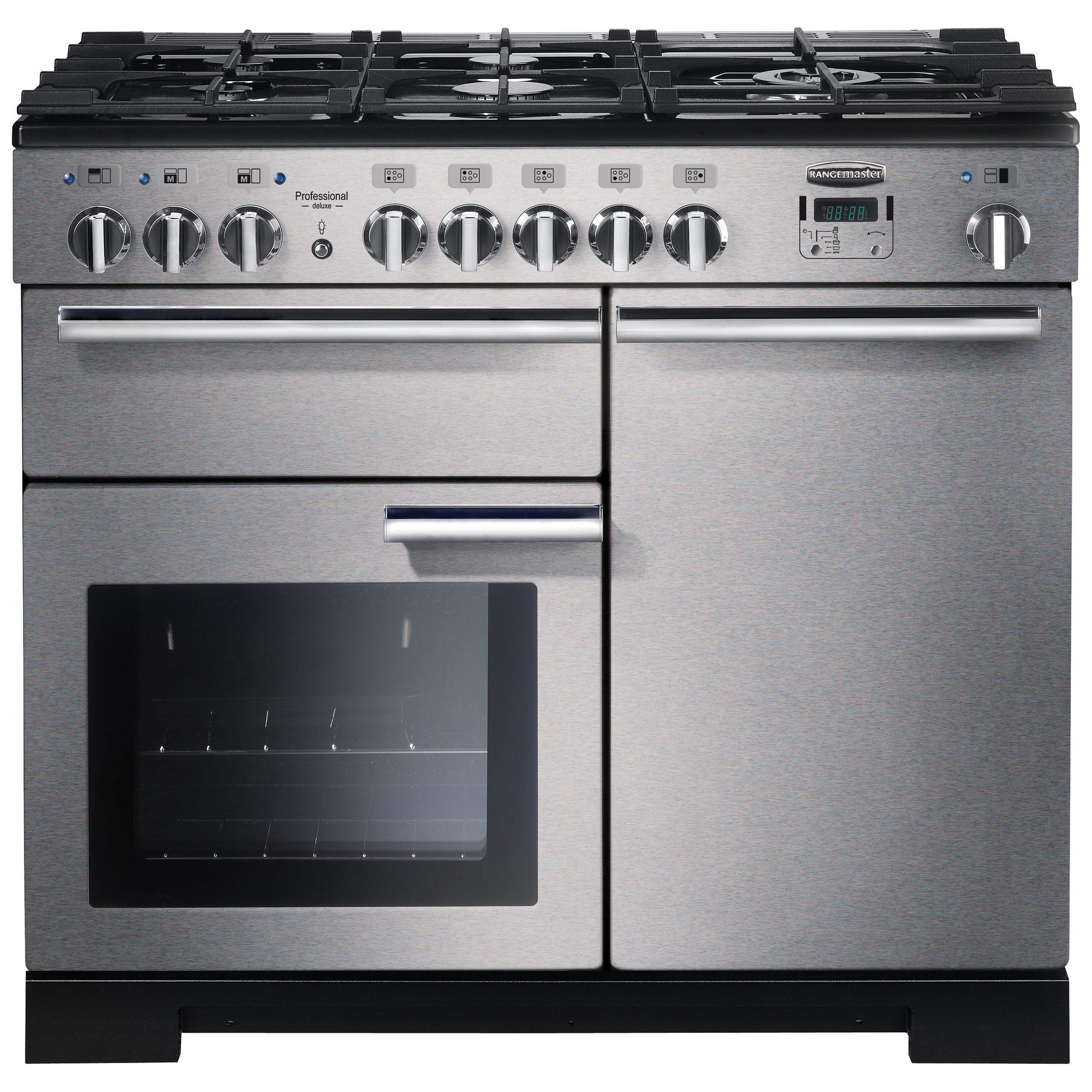 Rangemaster Professional Deluxe 100 Dual Fuel Range Cooker, Stainless Steel/Chrome Trim