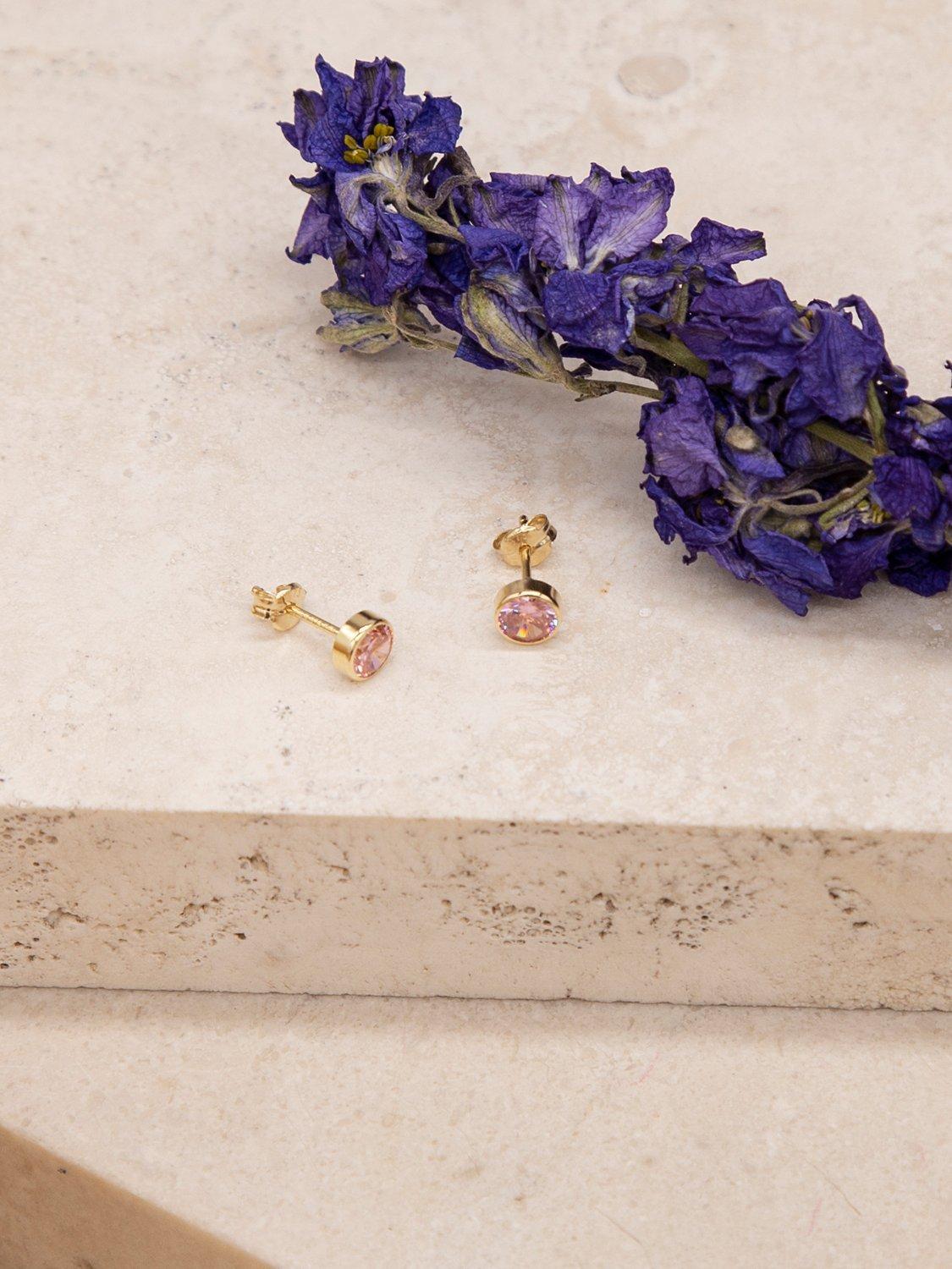 Product image 3 of 4, which shows IBB 9ct Gold Round Cubic Zirconia Stud Earrings, Pink