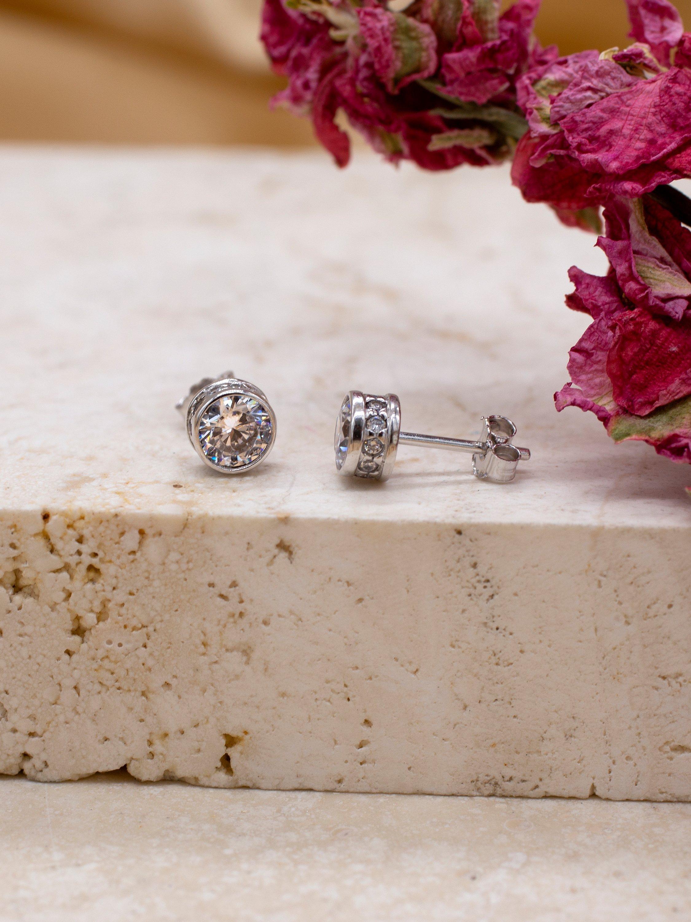 Product image 4 of 4, which shows IBB 9ct White Gold Medium Cubic Zirconia Stud Earrings, 6mm, White Gold