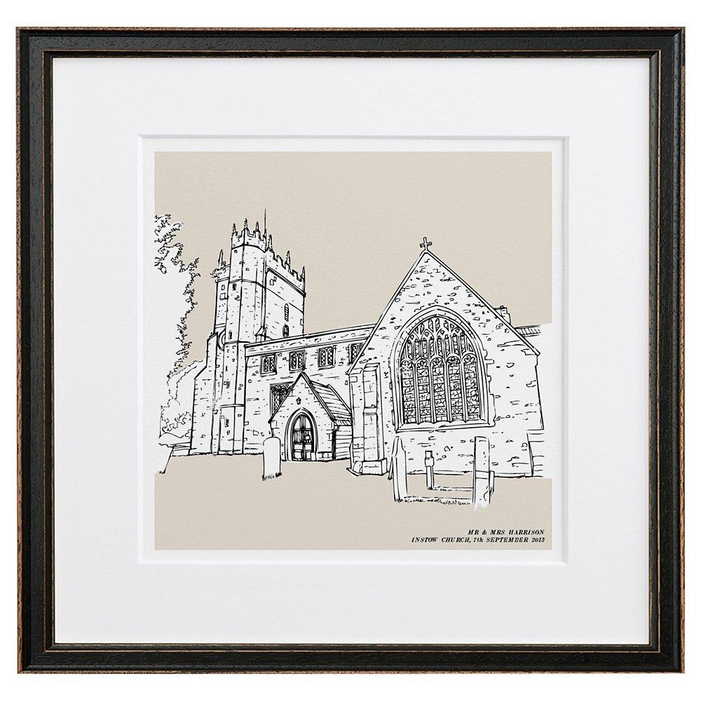 Letterfest Personalised Wedding Illustration, Black Frame, Stone, 44.8 x 44.8cm