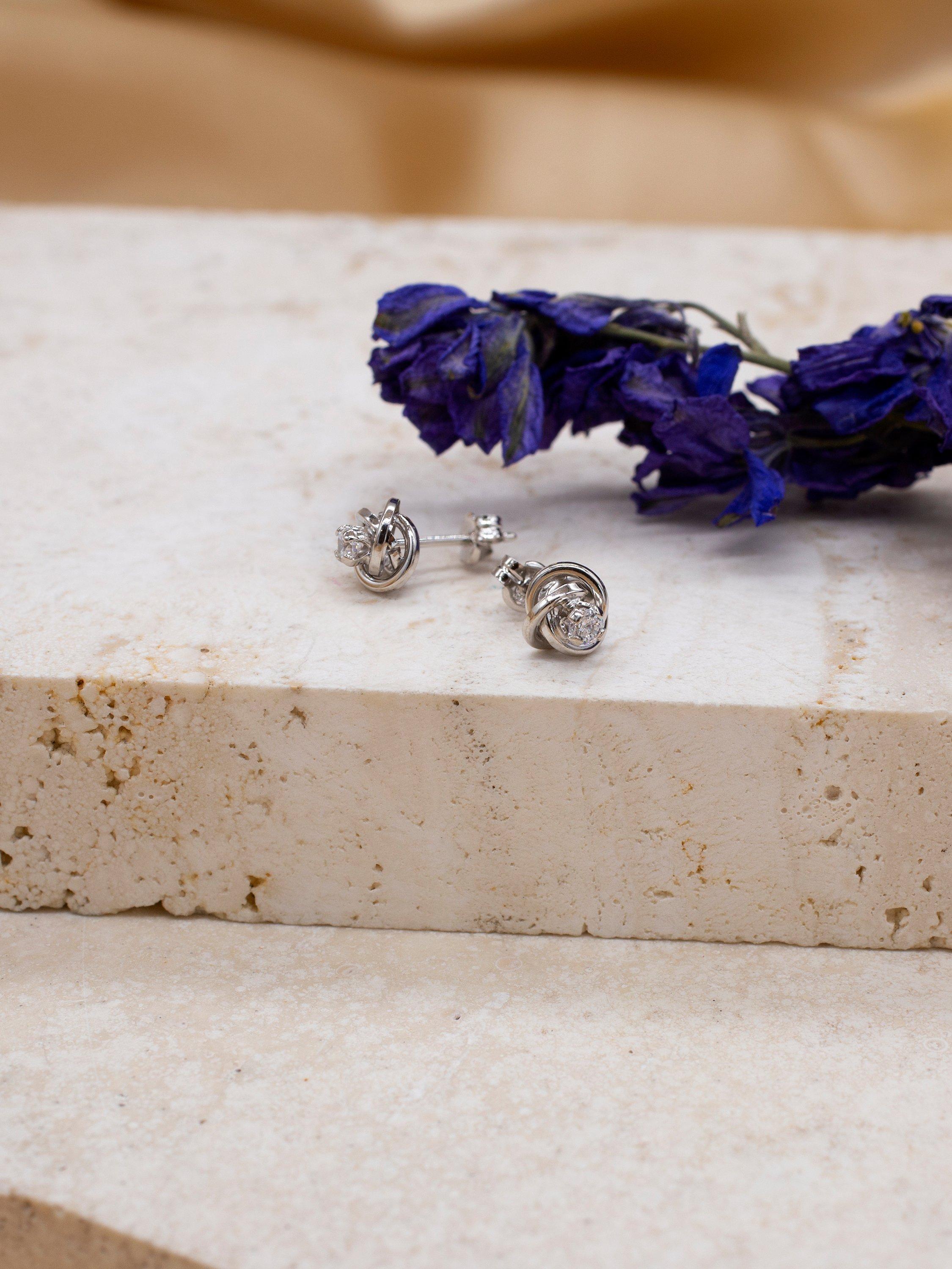 Product image 3 of 5, which shows IBB 9ct White Gold Cubic Zirconia Knot Stud Earrings, White Gold