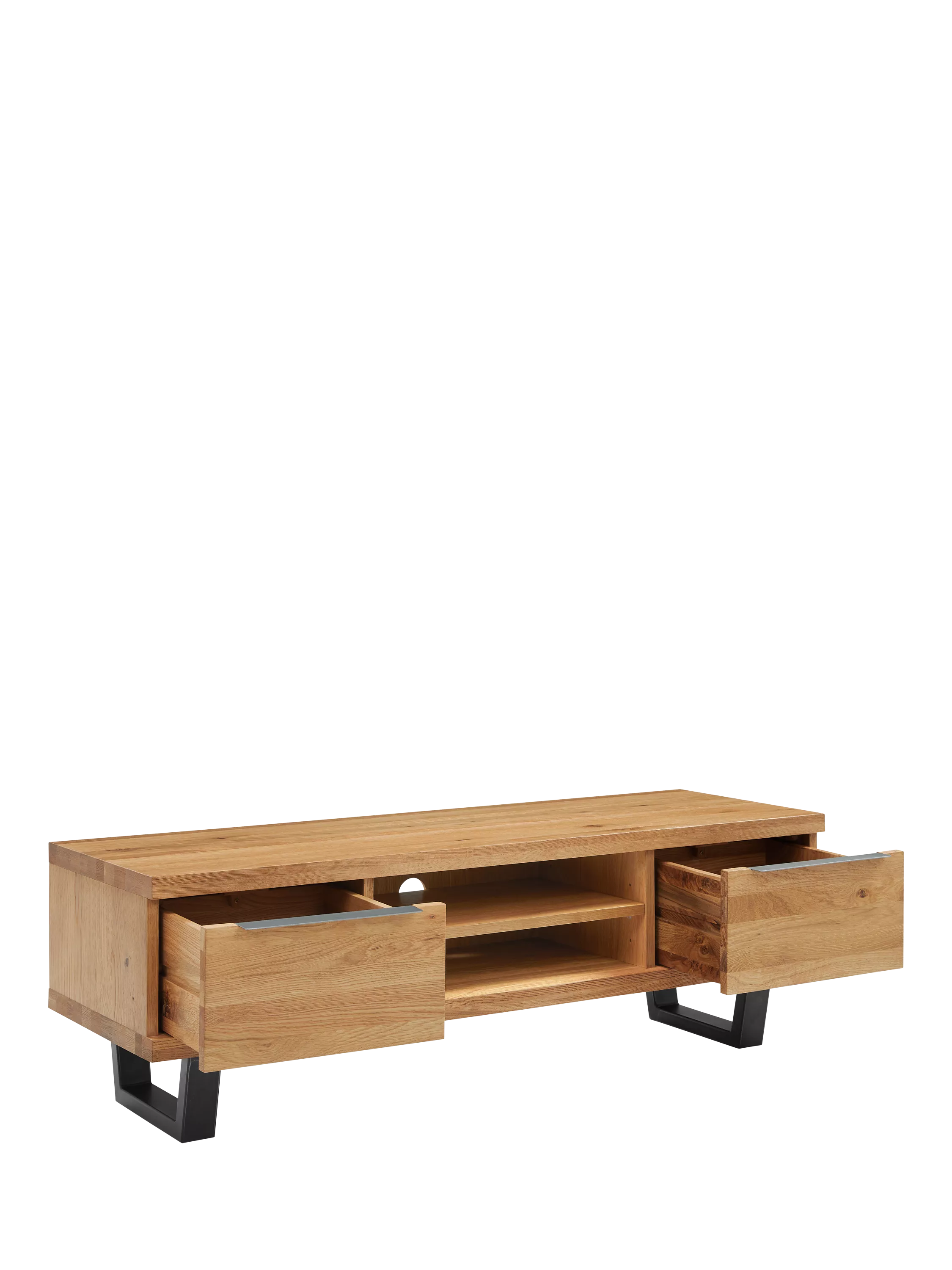 Wooden TV stand with open drawers, featuring a sleek design and black metal legs for a modern look.