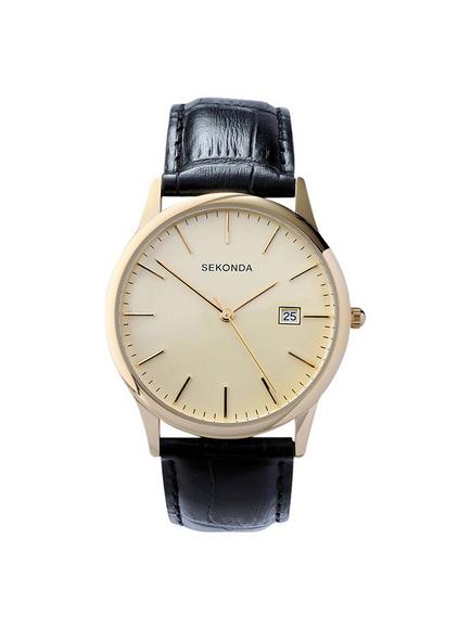 Sekonda 3697.27 Men's Date Leather Strap Watch, Black/Cream, Black/Cream