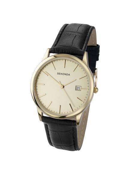 Sekonda 3697.27 Men's Date Leather Strap Watch, Black/Cream - view 2, Black/Cream
