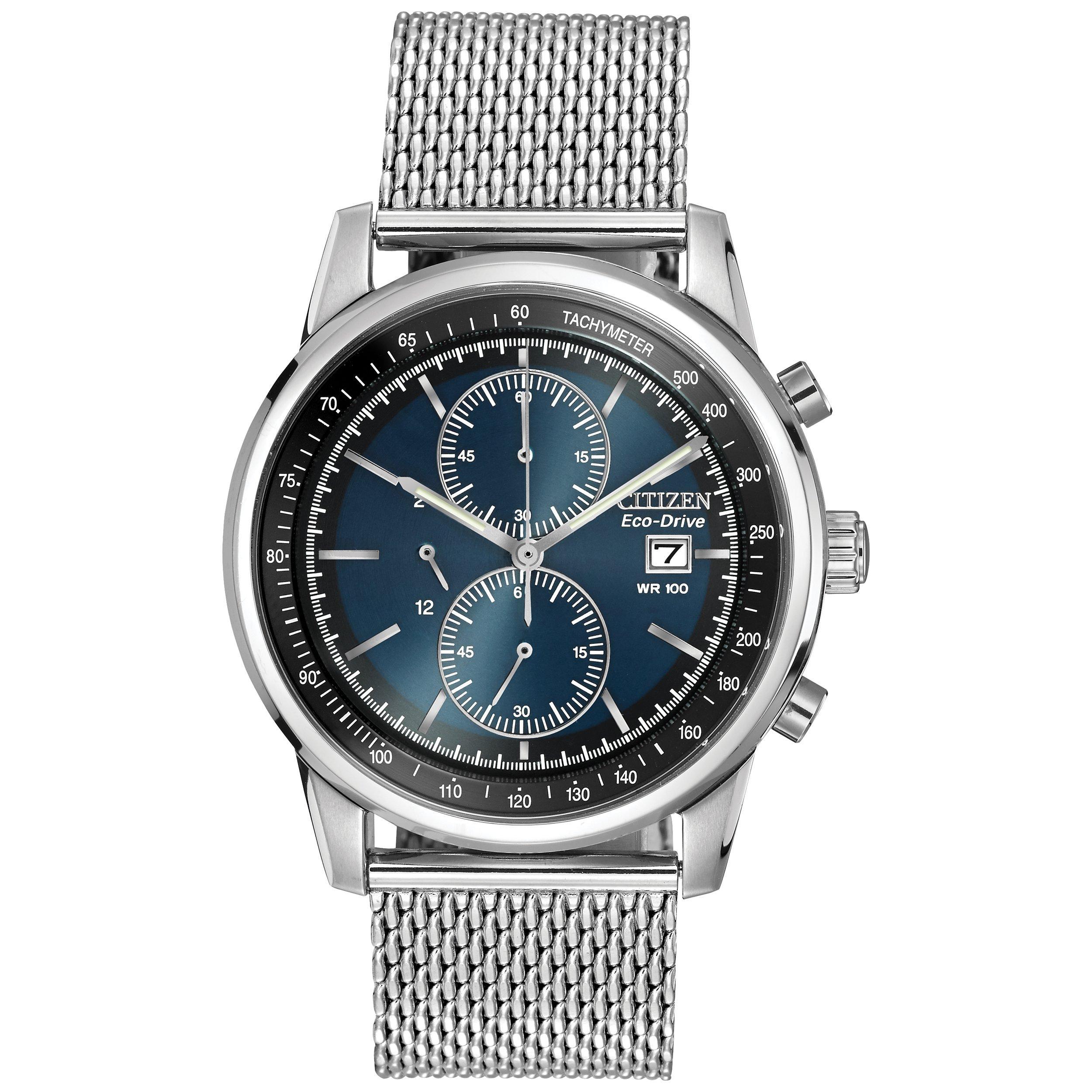 Citizen CA0331-56L Men's Eco-Drive Chronograph Stainless Steel Mesh Strap Watch, Silver / Blue