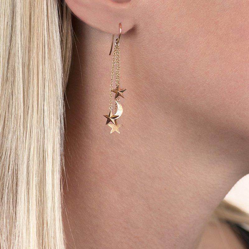 Product image 2 of 3, which shows London Road 9ct Rose Gold Moon and Stars Drop Earrings, Rose Gold